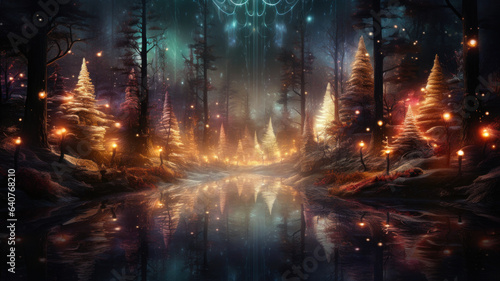 Magical fantasy fairy tale scenery, night in a forest with glowing lights.