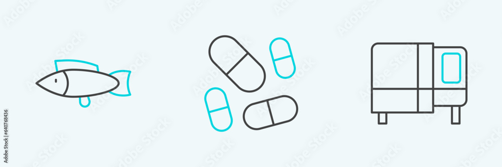 Set line Bed, Fish and Vitamin pill icon. Vector Set line Bed, Fish and Vitamin pill icon. Vector