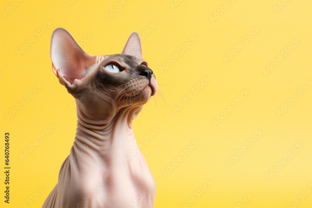 Sphynx cat looking up on yellow background