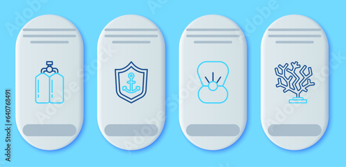 Set line Anchor inside shield, Shell with pearl, Aqualung and Coral icon. Vector