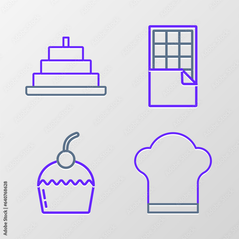 Set line Chef hat, Cake, Chocolate bar and with burning candles icon. Vector Set line Chef hat, Cake, Chocolate bar and with burning candles icon. Vector