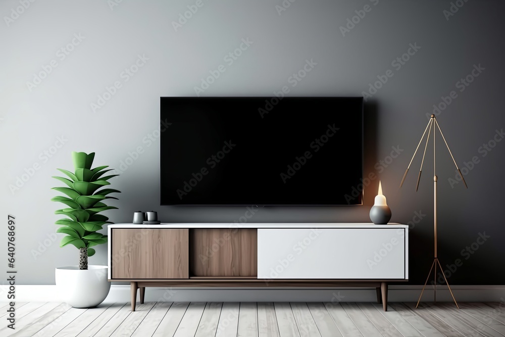 Television put on wood table tv stand on foreground in minimal interior room background white wall, Generative AI Television put on wood table tv stand on foreground in minimal interior room background white wall, Generative AI