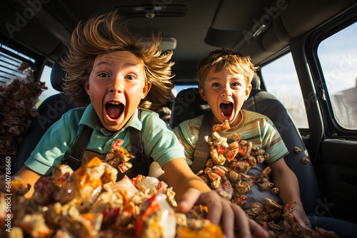 Chaos ensues in backseat with lively siblings hurling snacks and toys, encapsulating the exhilaration and tension of a family road trip. photo