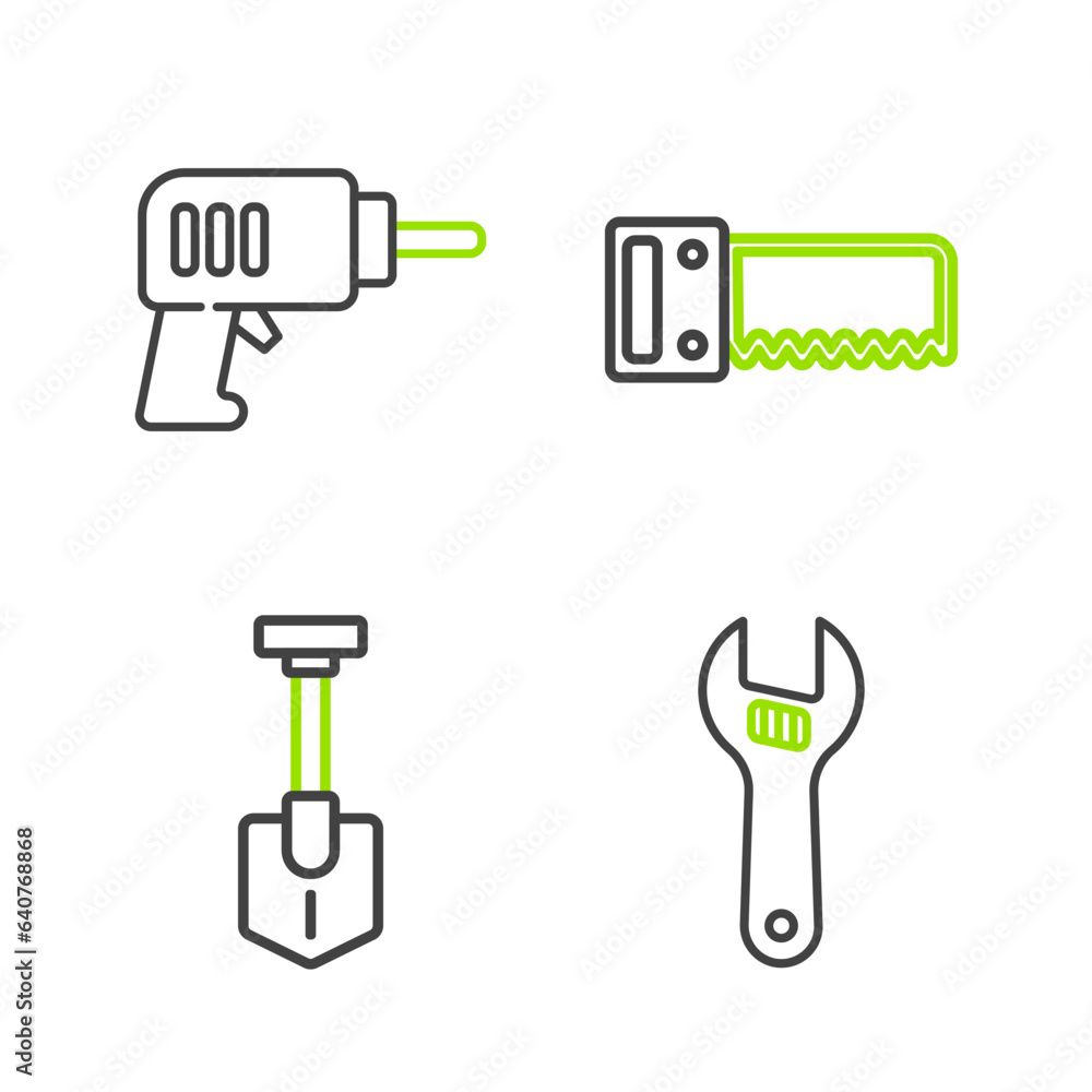 Set line Adjustable wrench, Shovel, Hand saw and Electric drill machine icon. Vector Set line Adjustable wrench, Shovel, Hand saw and Electric drill machine icon. Vector