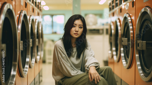 Young asian woman waiting in a laundry room