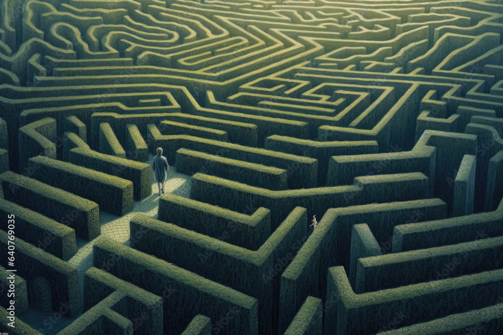 Man walking in a complex maze. Surreal concept. Generative AI Man walking in a complex maze. Surreal concept. Generative AI