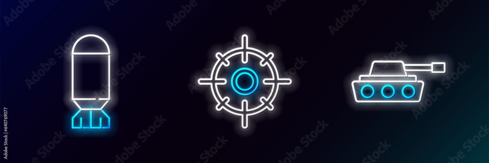 Obraz premium Set line Military tank, Aviation bomb and Target sport icon. Glowing neon. Vector