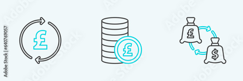 Set line Currency exchange, Coin money with pound and icon. Vector
