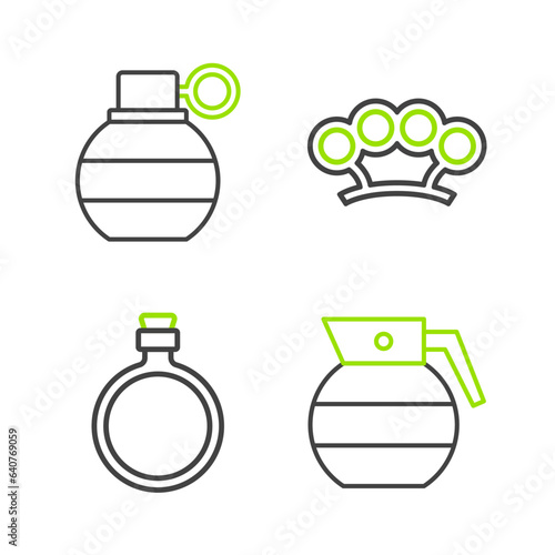 Set line Hand grenade, Canteen water bottle, Brass knuckles and icon. Vector