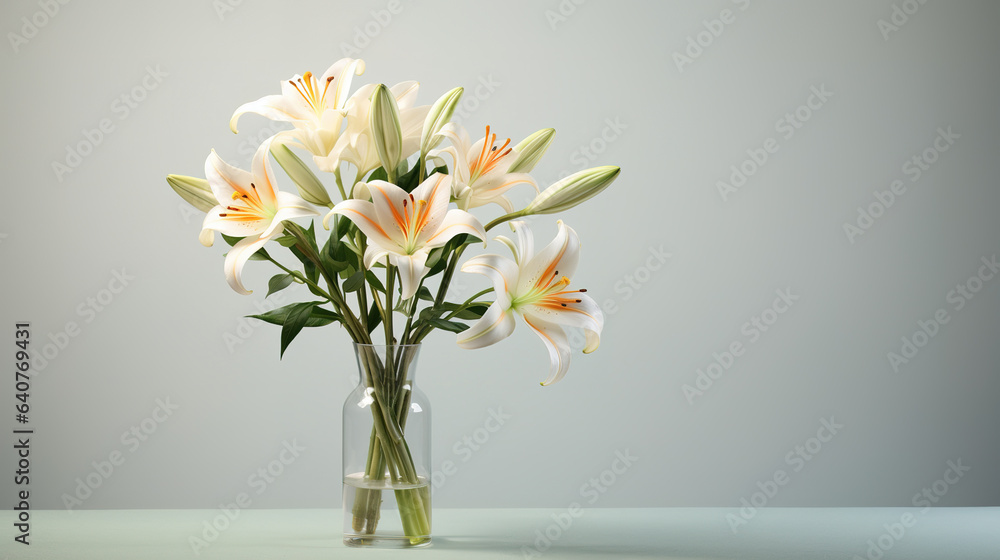 A bouquet of lily in a vase isolated on a plain background. Minimal photo style with copyspace. Digital illustration generative AI.