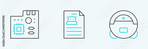 Set line Robot vacuum cleaner, Motherboard digital chip and Technical specification icon. Vector
