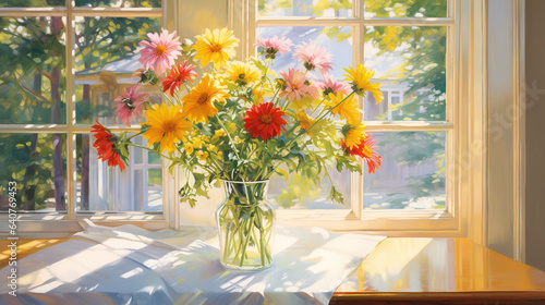 A bouquet of daisy in a vase by the window, bathed in the warm sunlight. Colorful acrylic painting. Digital illustration generative AI.