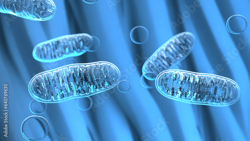 Foto Cellular organelles, mitochondria on a blue background