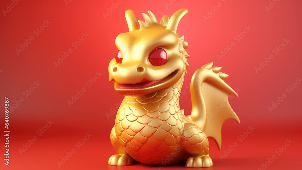 3d cute golden dragon character on blurred red background