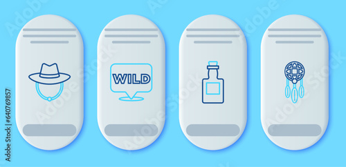 Set line Pointer to wild west, Tequila bottle, Western cowboy hat and Dream catcher with feathers icon. Vector