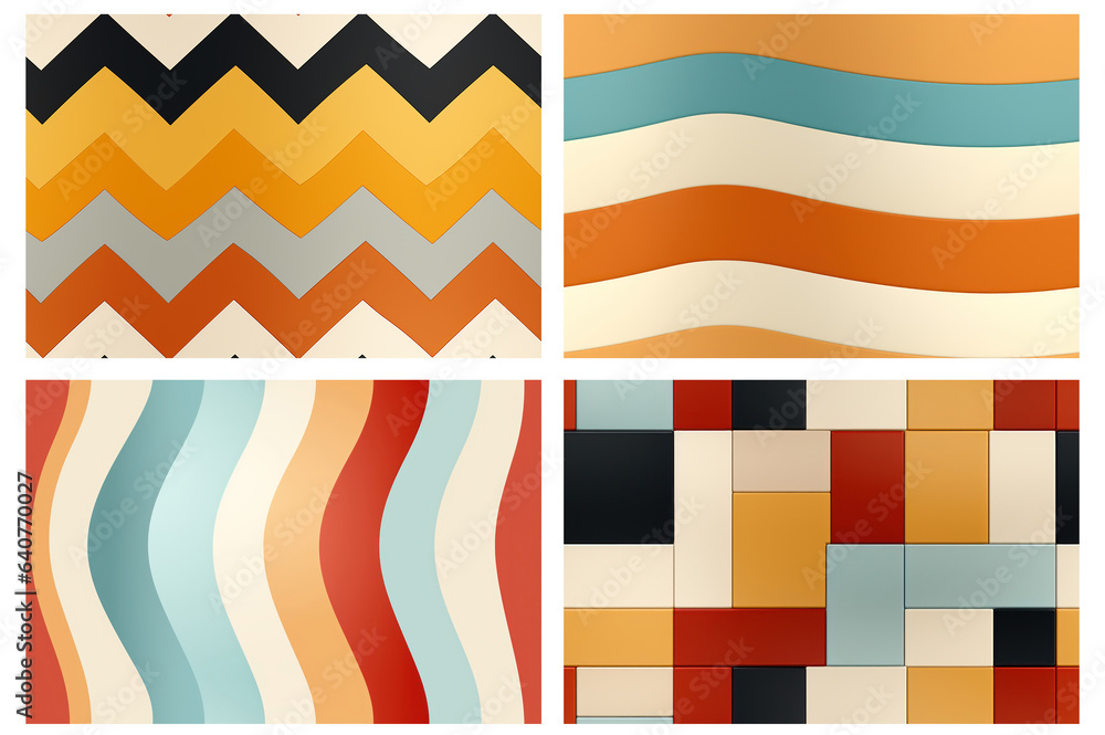 Vier 70er Jahre geometrische Retro Designs als nahtlose Muster. Vier 70er Jahre geometrische Retro Designs als nahtlose Muster.