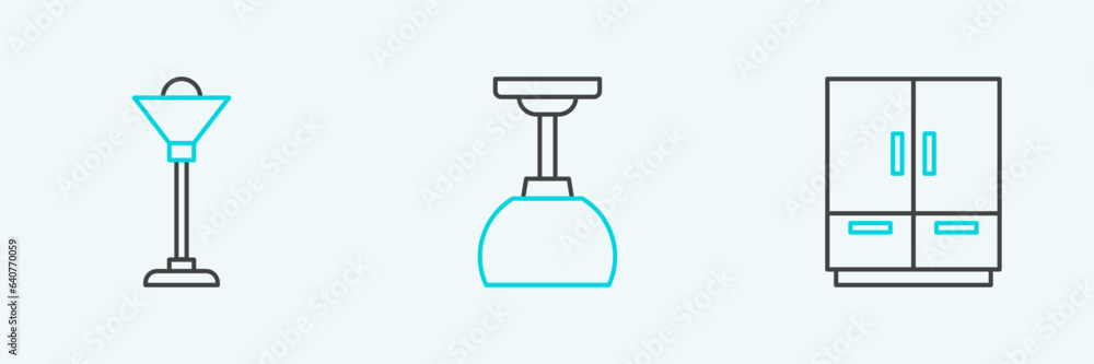 Set line Wardrobe, Floor lamp and Lamp hanging icon. Vector Set line Wardrobe, Floor lamp and Lamp hanging icon. Vector