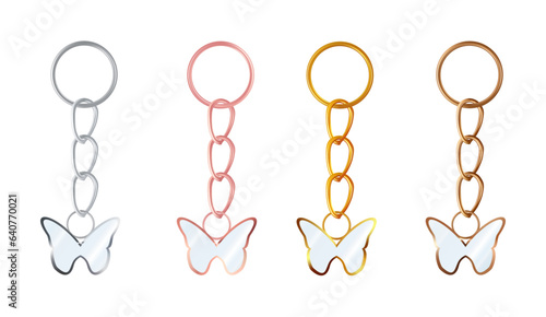 A set of copper or bronze, gold or brass, silver or steel, pink gold keychains in the shape of a butterfly. Metal key holders isolated on white background. Realistic vector illustration.