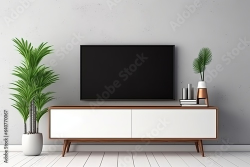 Television put on tv stand wood table, in minimal empty space livingroom room background white wall Generative AI
