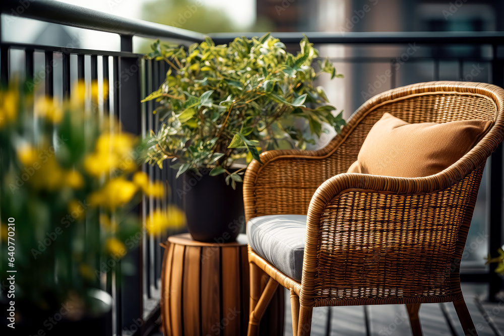 Private terrace with a wood balcony and plants,  large plants and chairs indoor outdoor, wicker chair and plants.