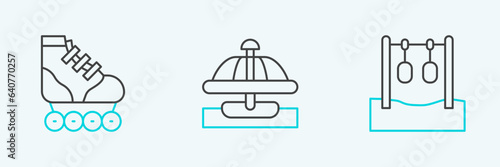 Set line Gymnastic rings, Roller skate and Attraction carousel icon. Vector