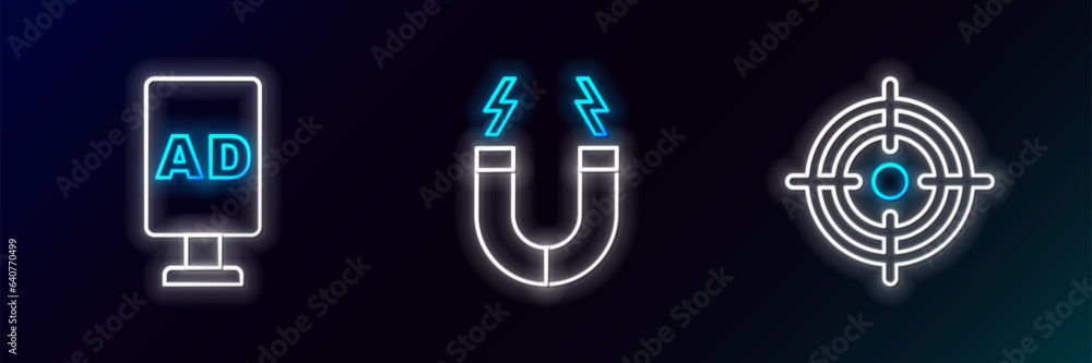 Set line Target, and Magnet icon. Glowing neon. Vector Set line Target, and Magnet icon. Glowing neon. Vector