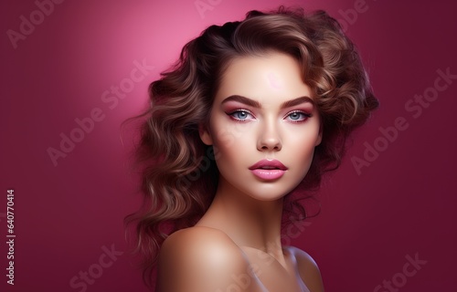 beautiful woman with red lips against a red background