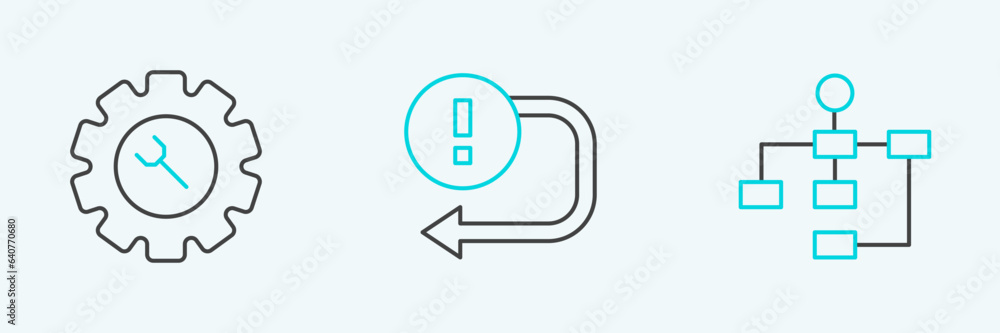 Set line Hierarchy organogram chart, Wrench and gear and Arrow icon. Vector Set line Hierarchy organogram chart, Wrench and gear and Arrow icon. Vector