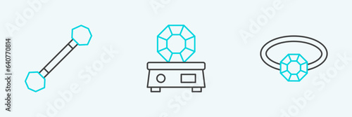 Set line Diamond engagement ring, Piercing and Gem stone icon. Vector