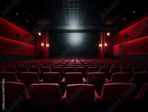 Empty cinema auditorium with rows of red seats and blank black screen