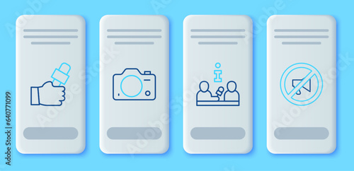 Set line Photo camera, Interview, Journalist news and Censored stamp icon. Vector