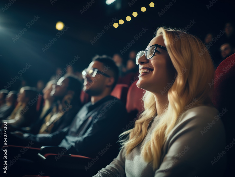 Cheerful glasses woman chuckles while watching a film in the cinema