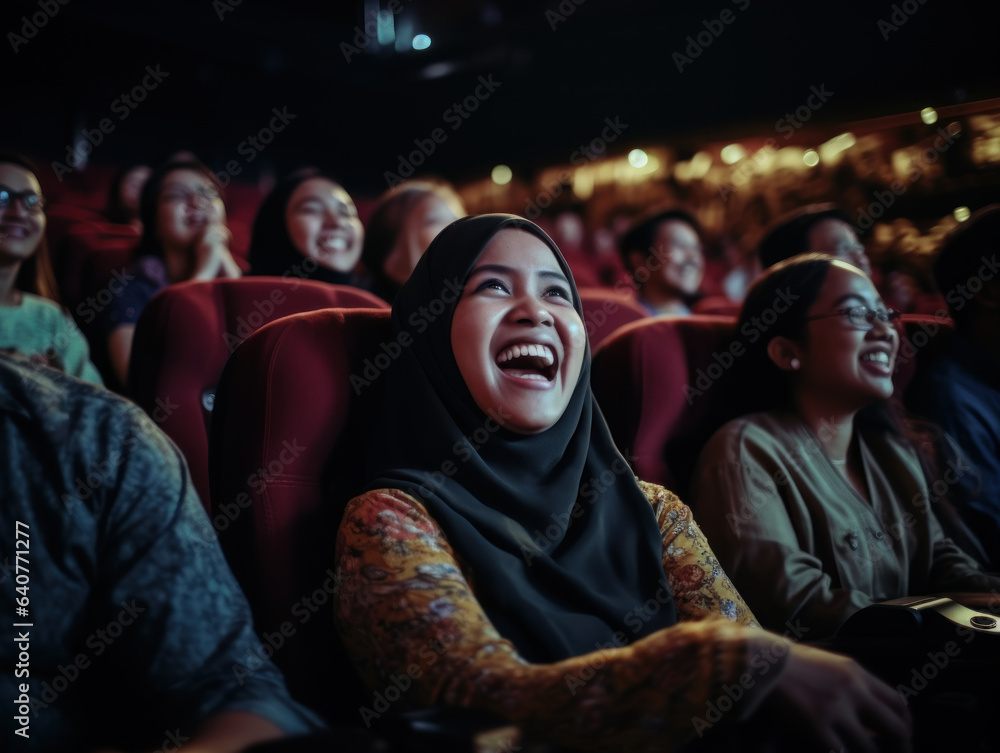 Cheerful asian people smiling while watching movie in cinema
