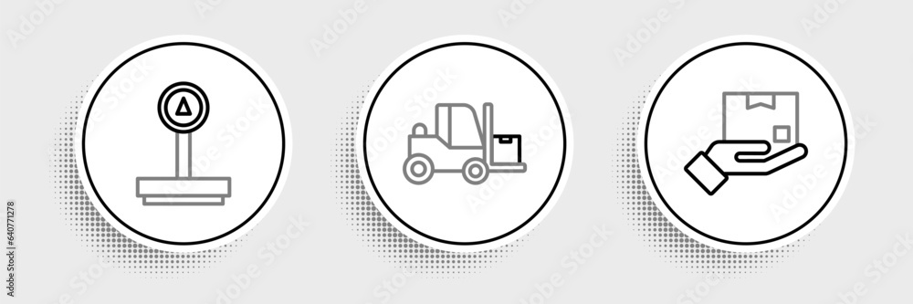 Set line Delivery hand with box, Scale and Forklift truck icon. Vector Set line Delivery hand with box, Scale and Forklift truck icon. Vector