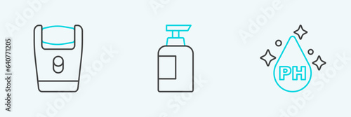 Set line Oil for hair care treatment, Electric razor blade and Bottle of shampoo icon. Vector
