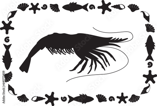 Shrimp marine crustacean animal silhouette in a rectangular frame - vector template for print or cut. Marine animal shrimp composition on a marine theme