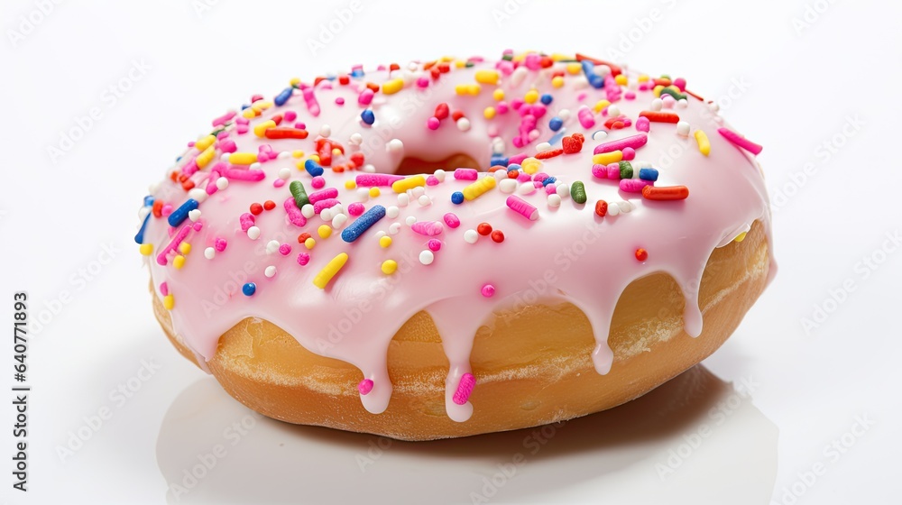 Image of a donut with glossy icing and bright sprinkles, isolated on a white background. Image of a donut with glossy icing and bright sprinkles, isolated on a white background.