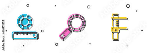 Set Gem stone, Magnifying glass and Calliper or caliper and scale icon. Vector