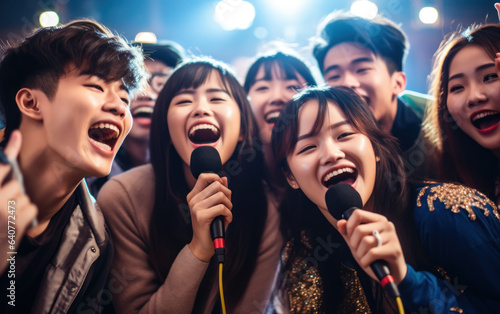 Group of asian friends singing at karaoke bar, singing and having fun together