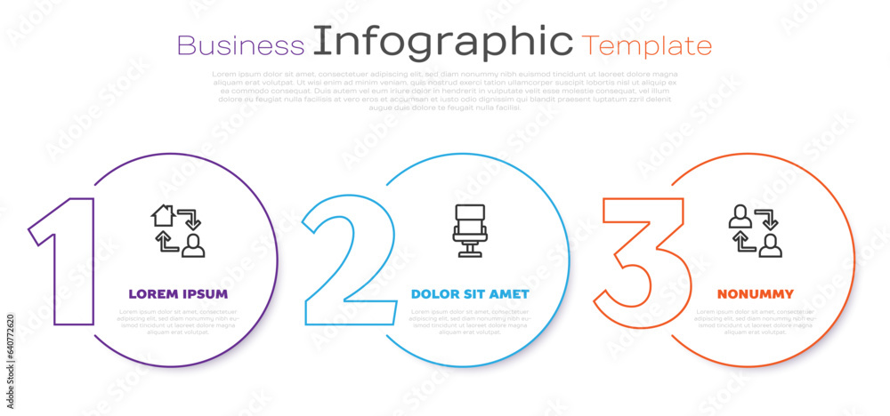 Set line Online working, Office chair and Project team base. Business infographic template. Vector