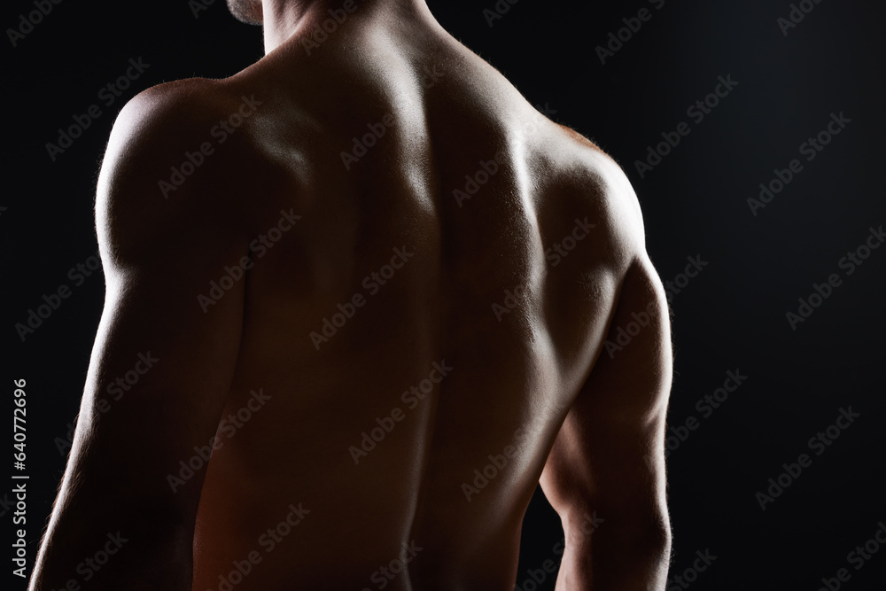 Man, back and muscle with silhouette, studio and shadow for wellness, health and strong by black background. Bodybuilder guy, shirtless and fitness with skin, aesthetic and power in dark for art