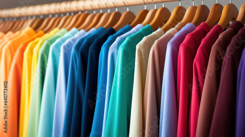 Close up rack with various colorful clothes on wooden hangers