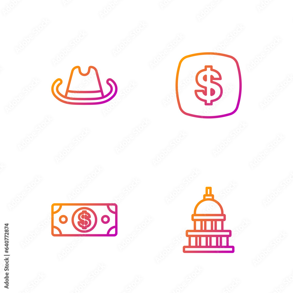 Set line White House, Stacks paper money cash, Western cowboy hat and Dollar symbol. Gradient color icons. Vector Set line White House, Stacks paper money cash, Western cowboy hat and Dollar symbol. Gradient color icons. Vector