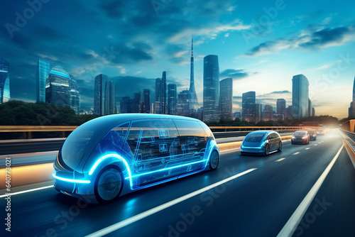 Picture of futuristic fast self-driving modern car on evening city roads under cloudy sky made by generative ai technology © Tetiana