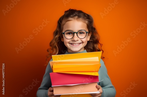 little girl smiling on a orange background, school, back to school, education	