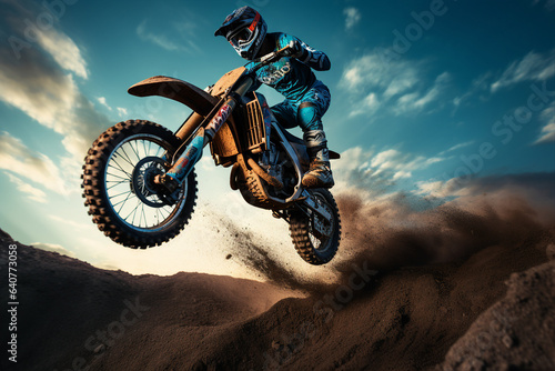 Created using generative AI image of rider driving in extremely risky motocross race on a dirt sandy track