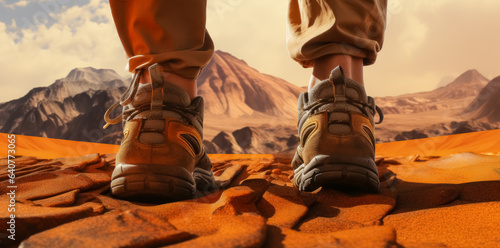 Low angle view of hiking shoes walking and hiking through mountains, closeup, warm color. 