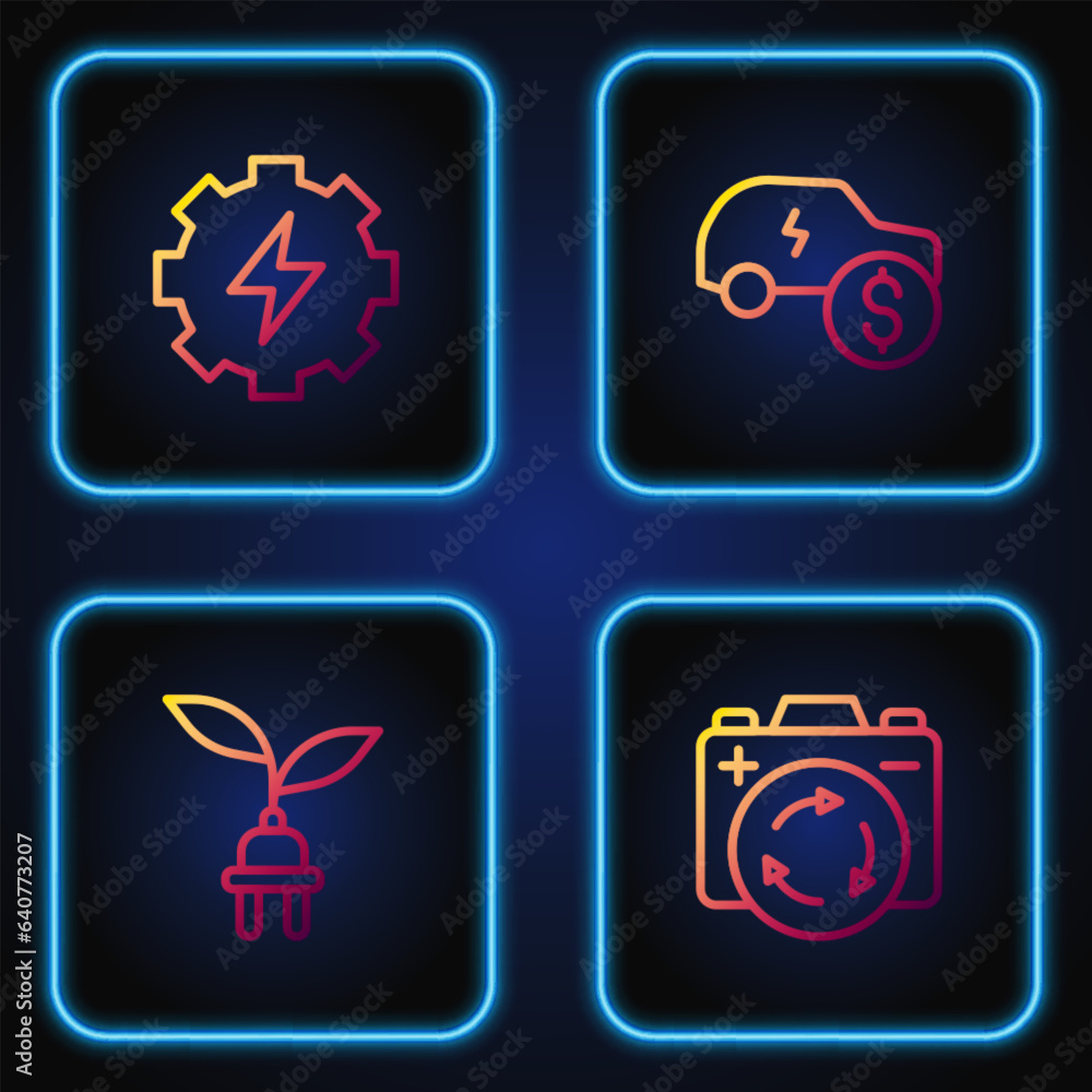 Set line Battery with recycle symbol, Electric saving plug in leaf, Gear and lightning and car price. Gradient color icons. Vector Set line Battery with recycle symbol, Electric saving plug in leaf, Gear and lightning and car price. Gradient color icons. Vector