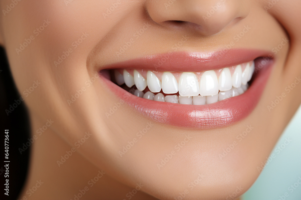 Fototapeta premium Generative AI concept close up cropped photo of woman mouth with perfect white bright smile and healthy teeth