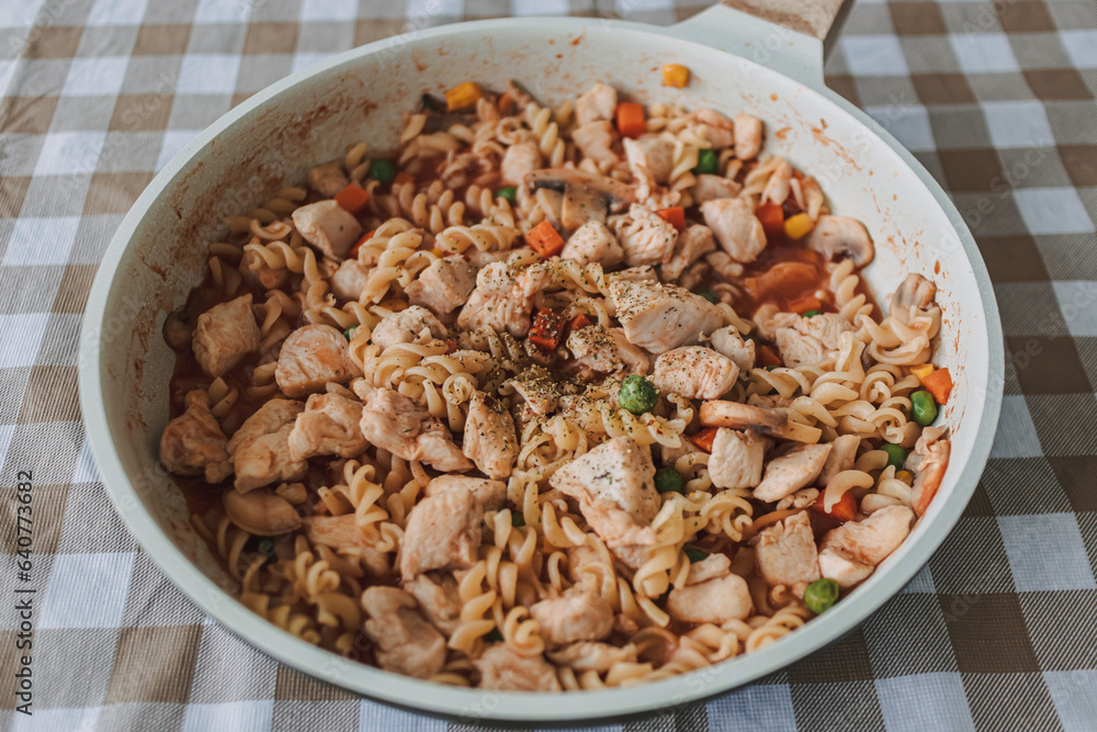 Homemade chicken breast pasta in a pan for high protein and diet recipe. Homemade chicken breast pasta in a pan for high protein and diet recipe.
